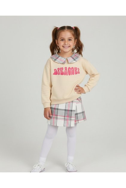 Girl's Plaid Patterned Shorts with Skirt, Collared Sweatshirt, Ages 6-7-8-9-10, 2-Piece Top and Bottom Set