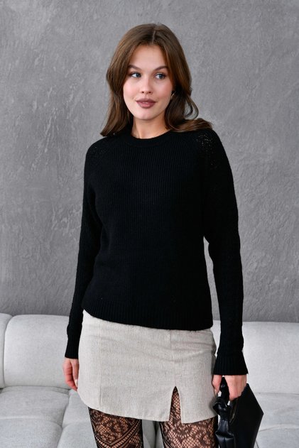 Women's Corded Fabric Crew Neck Lace-Like Knit Sweater 8438Sw