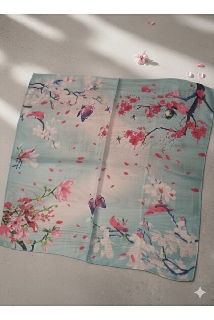 Blue Butterfly and Bird Patterned Chiffon Scarf 60*60