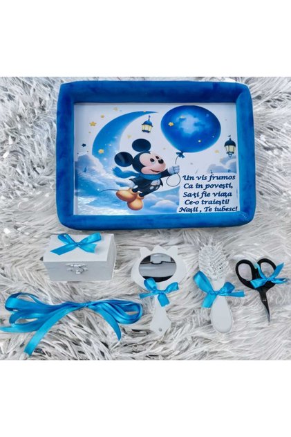 Set tavita taiere mot/turta catifea buretata cu print, 6 piese - albastru Mickey