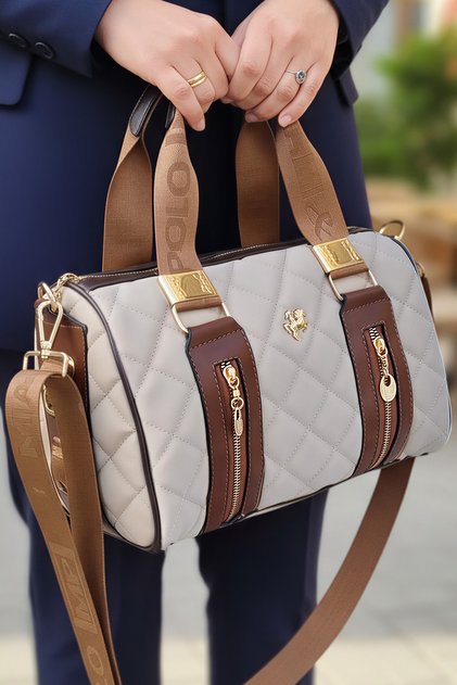 Women's Cream Kaptione Patterned Cylinder Model Long Cross Strap Hand & Shoulder Bag (31X22 cm)