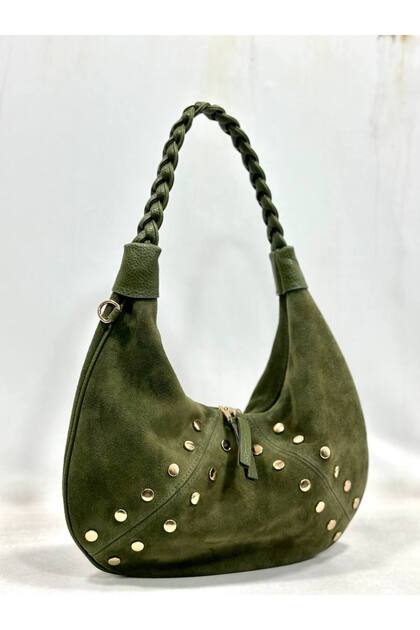 Genuine Suede Leather Women's Baguette Model Shoulder Bag with Studded Details