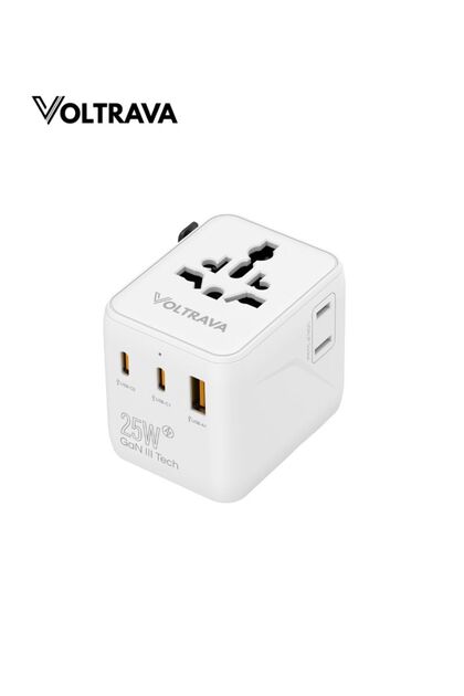 محول قابس سفر عالمي مزود بمنفذي تيار متردد، ومنفذي USB-C وUSB-A، وشحن سريع PD بقوة 25 واط وشحن سريع QC