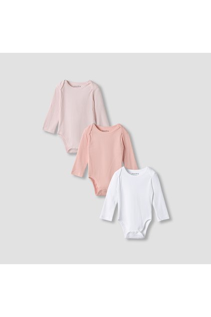 Round Neck Bodysuit with Snap Button Closure - Cotton - Long Sleeves - Set of 3
