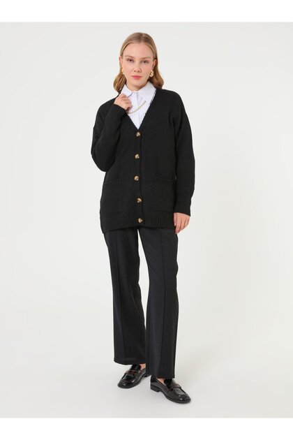 Pocket Detailed Bone Buttoned Knitwear Cardigan - Black -