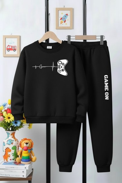 3 Thread Thick Sh Fleece-Lined Crew Neck Game Pulse Print Detailed Boys' Tracksuit Set