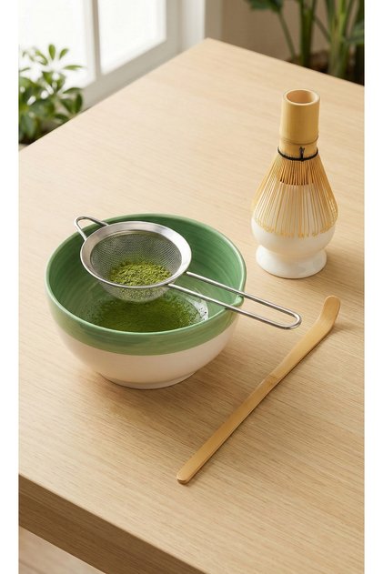 5 Parça Profesyonel Matcha Seti - Çelik Süzgeç, Bambu Çırpıcı, Kase, Tutucu ve Bambu Kaşık