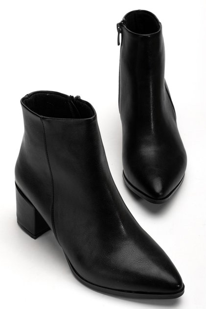 Black Leather Women's Heeled Flat Pointed Boots