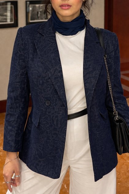 Kadın Lacivert Premium Desenli Likralı Blazer Ceket