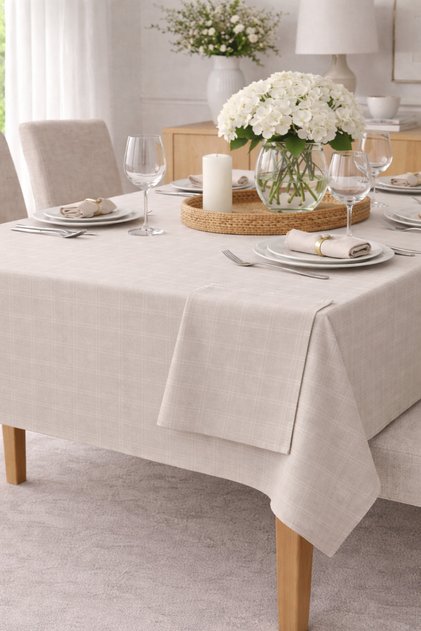 Checked Satin Tablecloth Stone Color with Napkins 100% Cotton | Napkin 40X40 cm (6 Pieces)
