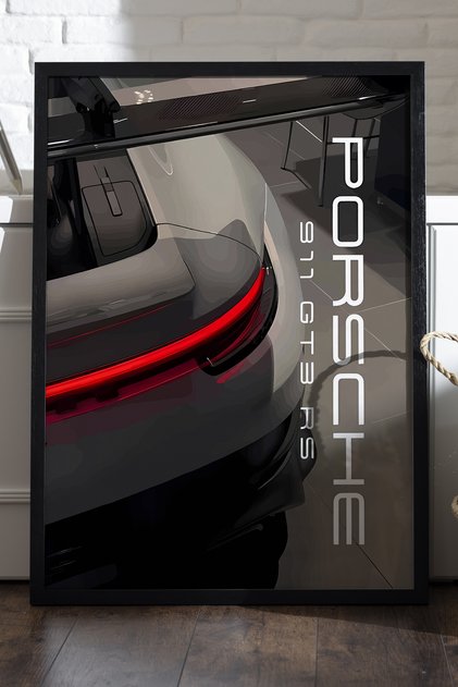Porsche 911 GT3 RS Siyah Ahşap Çerçeveli Poster, Dekoratif Araba Duvar Tablosu