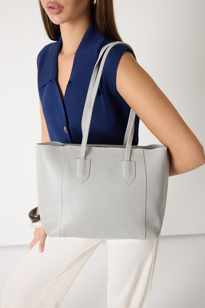 Women's Light Gray Double Handle Faux Leather Strap Hand and Shoulder Bag