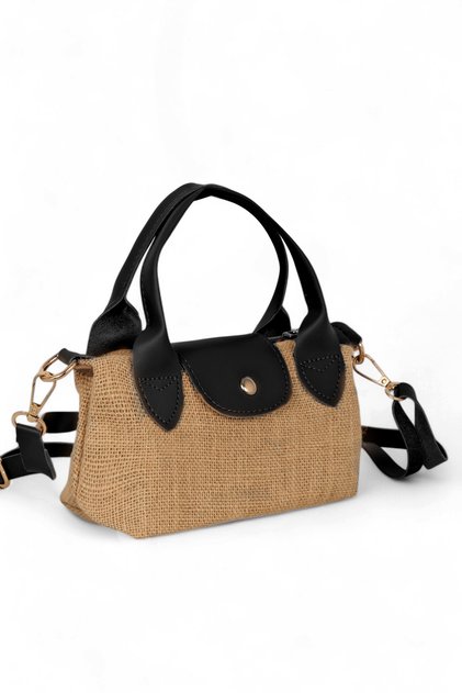 Women's Black Mini Size Strap Straw Hand and Crossbody Bag