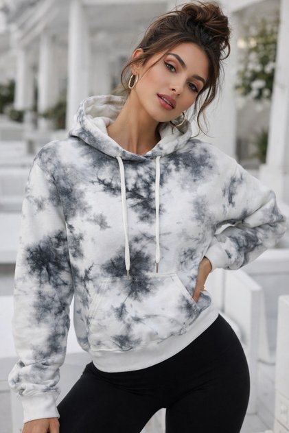 Women's Gray White Cotton Tie-Dye Pattern Kangaroo Pocket Hooded Oversized Sweatshirt