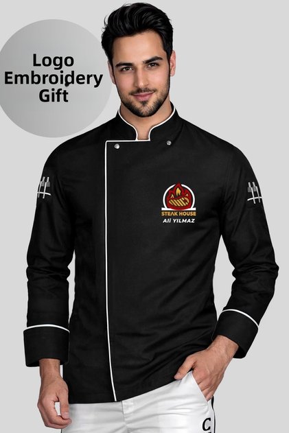 Black Long Sleeve Chef Jacket with Company Logo Embroidery Gift White Chef Jacket Cooking Uniform Personalized