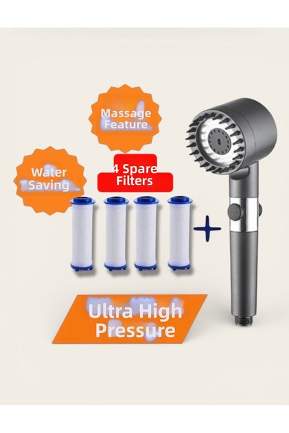 4 pieces of spare filter, water-saving and anti-limescale feature massage shower head.