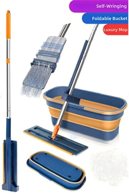 Foldable cleaning mop and wheeled bucket set