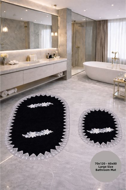 Alvessa Black French Lace Laced Soft Surface Leather Non-Slip Based 2-Piece Bath Mat