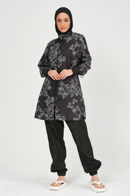 Women's Embroidery Patterned Full Covered Hijab Swimsuit 24235 Black