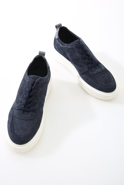 Navy Blue Men's Suede Genuine Leather Sports Shoes