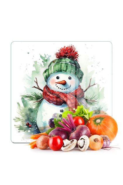 Glass Cutting Board and Serving Tray Square Snowman Patterned 30 X 30 cm