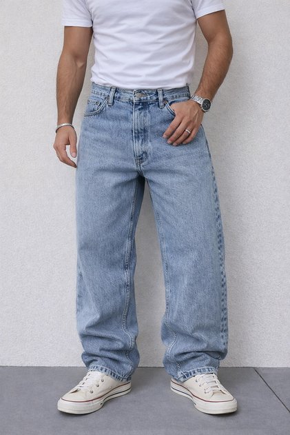 Erkek Buz Mavi Kar Baggy Fit Likrasız Rahat Kesim Jean Pantolon