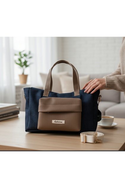 Navy Blue Bag with Canvas Leather Pocket Detail