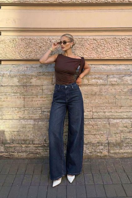 Women's Dark Indigo High Waist Palazzo Jean Pants Wide Leg