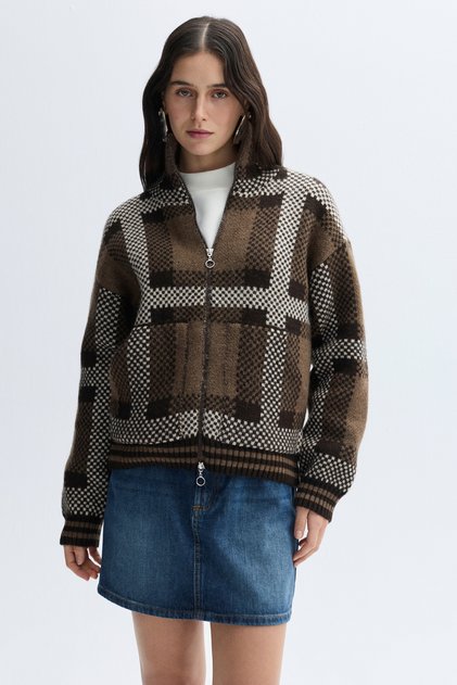 Women's Brown Jacquard Loose Fit Knitwear Coat Jacket