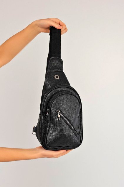 Black Leather Look Unisex Side Cross Back Chest Waist Bag with Headphone USB Mobile Phone Compartment