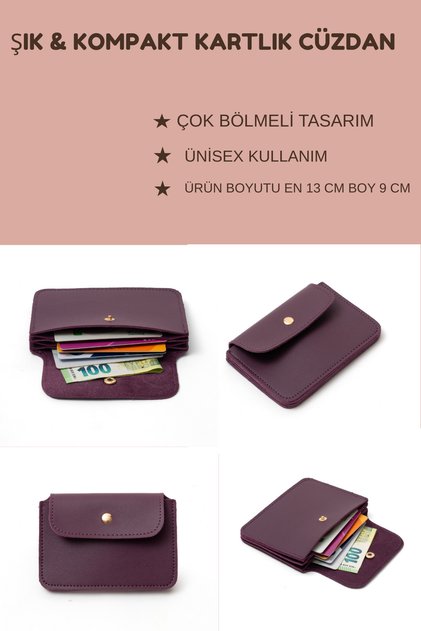 Unisex Mor Suni Deri Akordiyon Modeli Çok Bölmeli Kartlık Kadın Cüzdan & Kartvizitlik