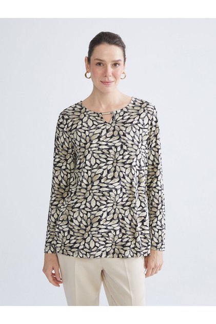 Alita City Lcw Grace Black Combed Cotton Patterned Oval Neck Long Sleeve Women's Blouse with a Difference