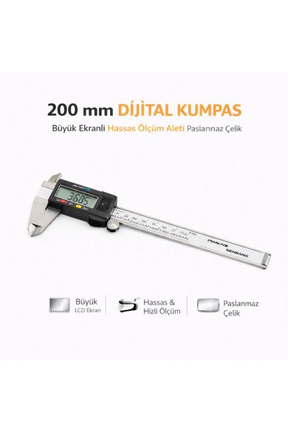 200 mm Dijital Kumpas – Büyük LCD Ekranlı Hassas Ölçüm Aleti Paslanmaz Çelik