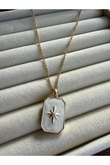 "Women's Gold Color Elegant Rectangular Locket Necklace – Pearl Textured Stone and Star Motif"
