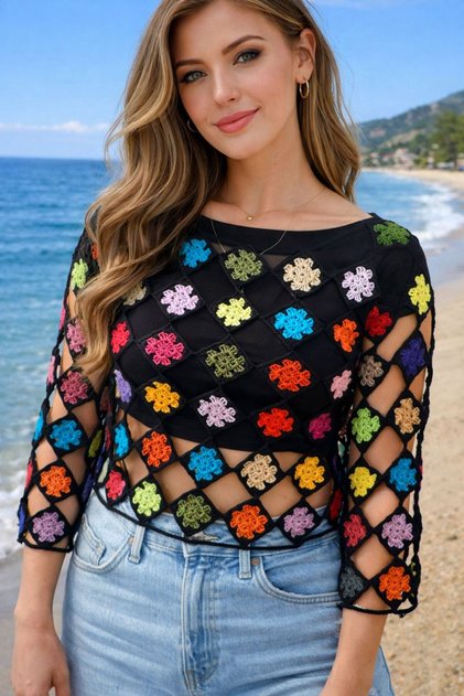 HAND KNITTED KNITWEAR FLORAL COLORED WOMEN'S NET BLOUSE CROP