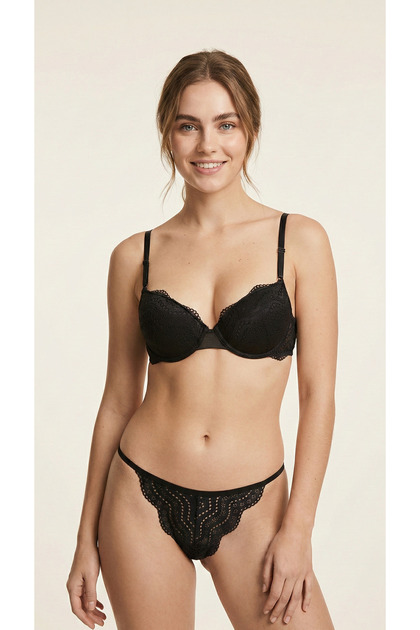 Padded Push up Supported Lace Black Women's Bra Set