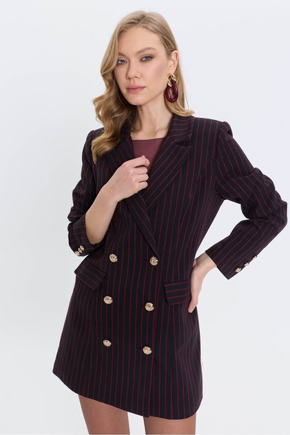 Premium Bordo Çizgili Blazer Ceket,Siyah Ceket Elbise
