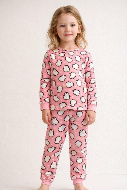 Children's Penguin Printed Pajama Set Pink
