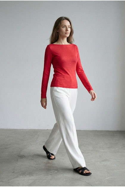 Jerdev Women's Soft Touch Slim Fit Boat Neck Long Sleeve Blouse & Top - Coral