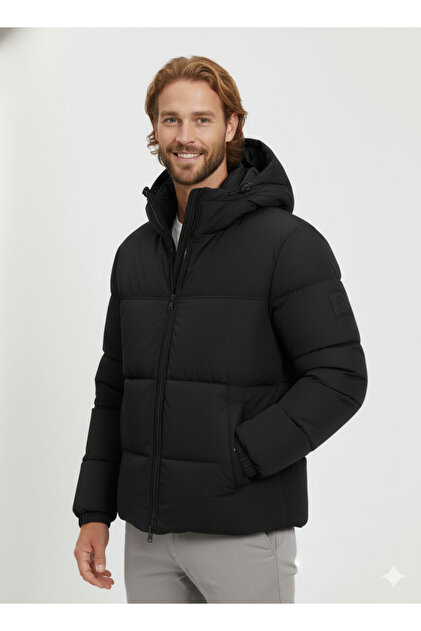 Jack & Jones Erkek Mont Siyah 12256974 Jjebradley Puffer Hood Sn