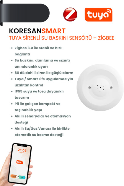 Tuya Sirenli Su Baskını Sensörü – Zigbee