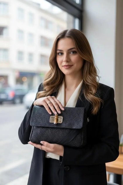 Elite Nova Shopping Hakiki Deri Minik Desenli Orta Boy Askılı Abiye Model Şık Çanta Ensh-0002202