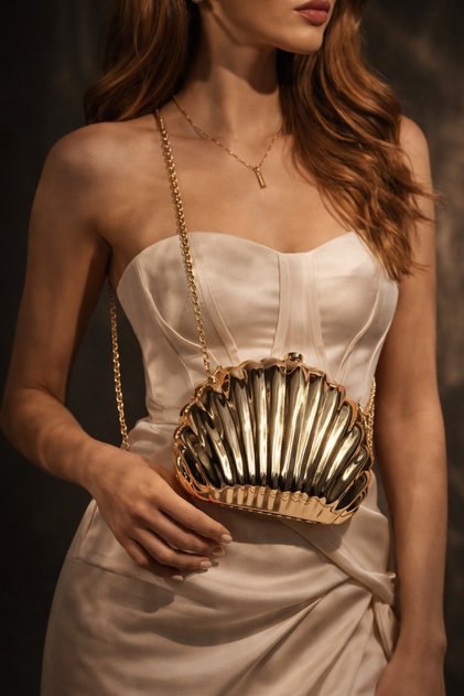 Women's Gold Metal Oyster Model Evening Dress and Special Occasion Portfolio and Clutch Chain Strap Invitation Bag