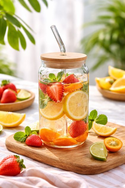 550 ml Isıya Dayanıklı Cam Pipetli Bambu Kapaklı Bubble Tea Ve Borosilikat Bardak