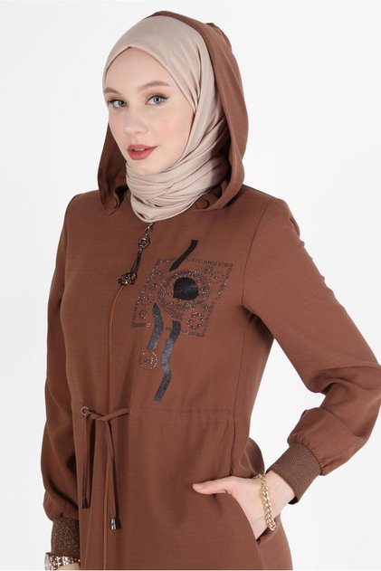 Stone Print Detail Zippered Overcoat 10526