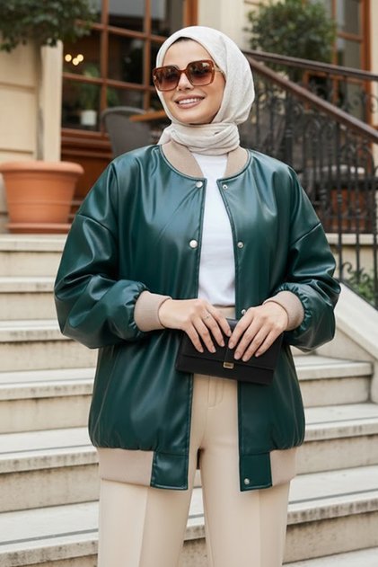 سترة جلدية حجاب خضراء زمردية بأزرار 9264ZY