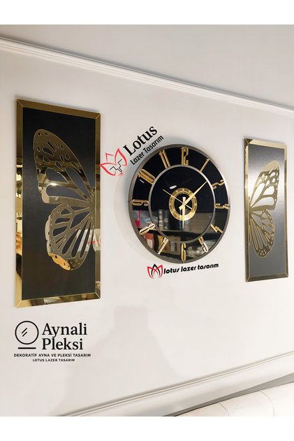3'lü Gold Siyah Dekoratif Duvar Saati ve Tablo Seti – 70 cm Saat + 70x30 cm Tablolar Modern Tasarım