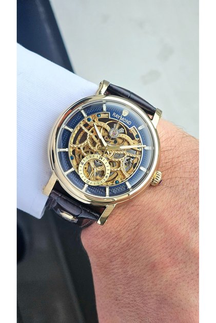 Rym-4853 Automatic Men's Skeleton Model Wristwatch - Steel Case - Leather Strap - 2 Years Warranty Gold-Brw
