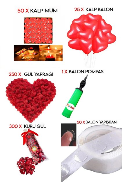 50 Kalp Mum, 25 Kalp Balon, Gül Yaprağı, 300 Kuru Gül, 1 Balon Pompası Evlilik Teklifi Paket Set