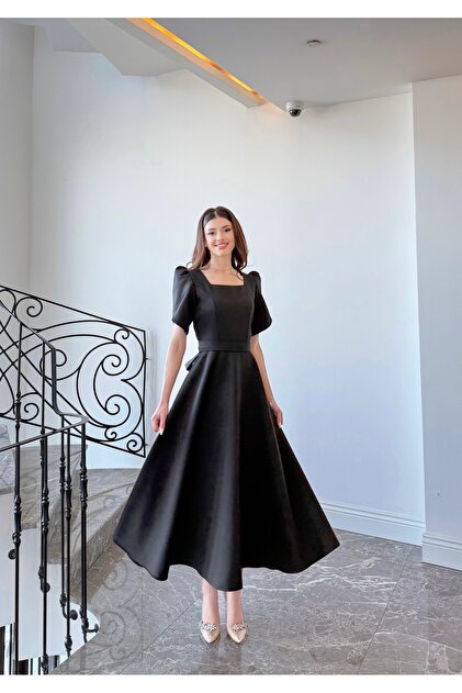 black dress flared skirt Black Linen Midi Dress Handmade Vintage Fit & Flare Little Black Dress with Pockets